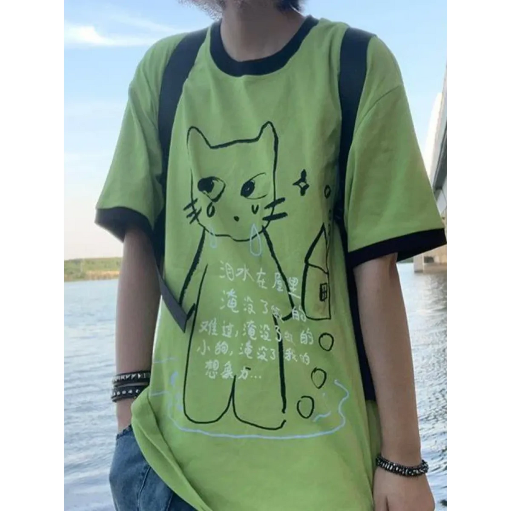 Green Harajuku Cat Print T-Shirt – Y2K Fairycore Grunge Tee