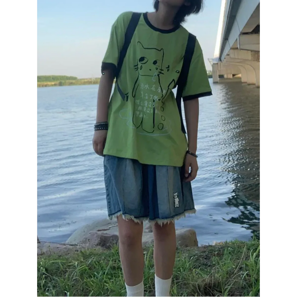 Green Harajuku Cat Print T-Shirt – Y2K Fairycore Grunge Tee