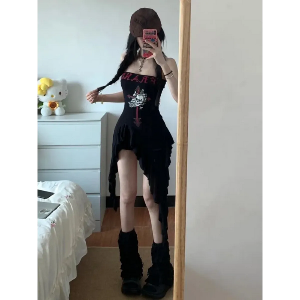 Strapless Irregular Hem Dress – Y2K Gothic Harajuku Punk Style