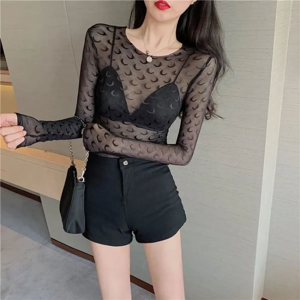 Moon Mesh Top – Y2K Grunge Long Sleeve Slim Fit Tee
