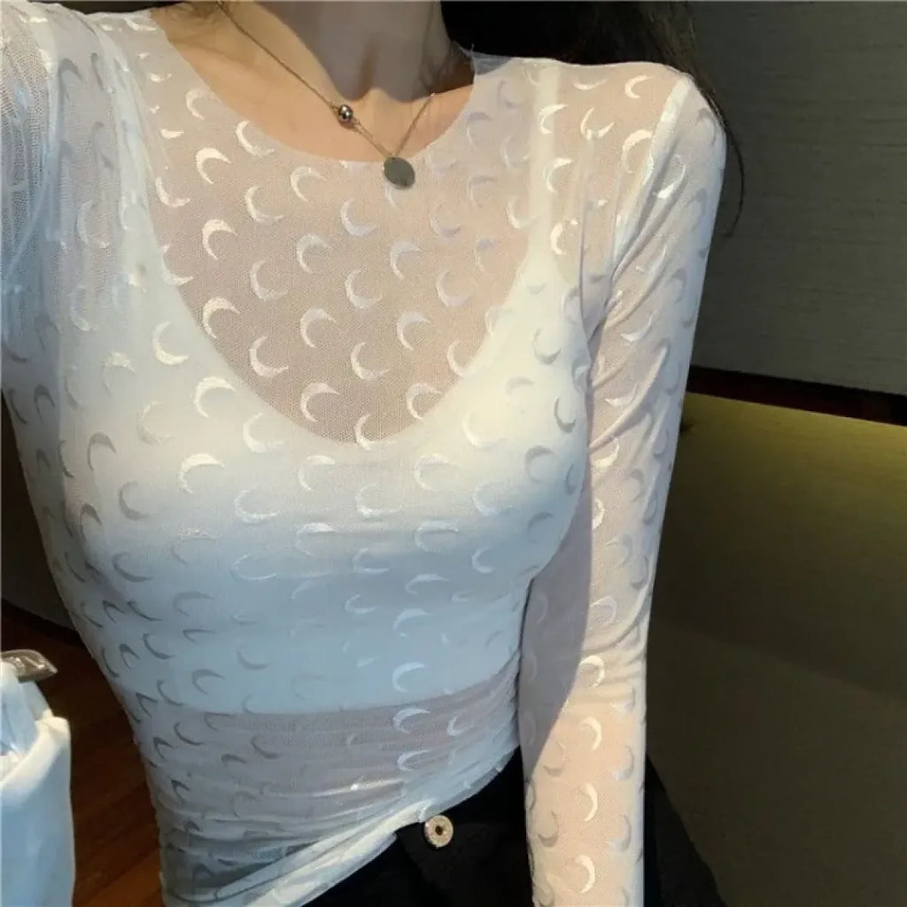 Moon Mesh Top – Y2K Grunge Long Sleeve Slim Fit Tee