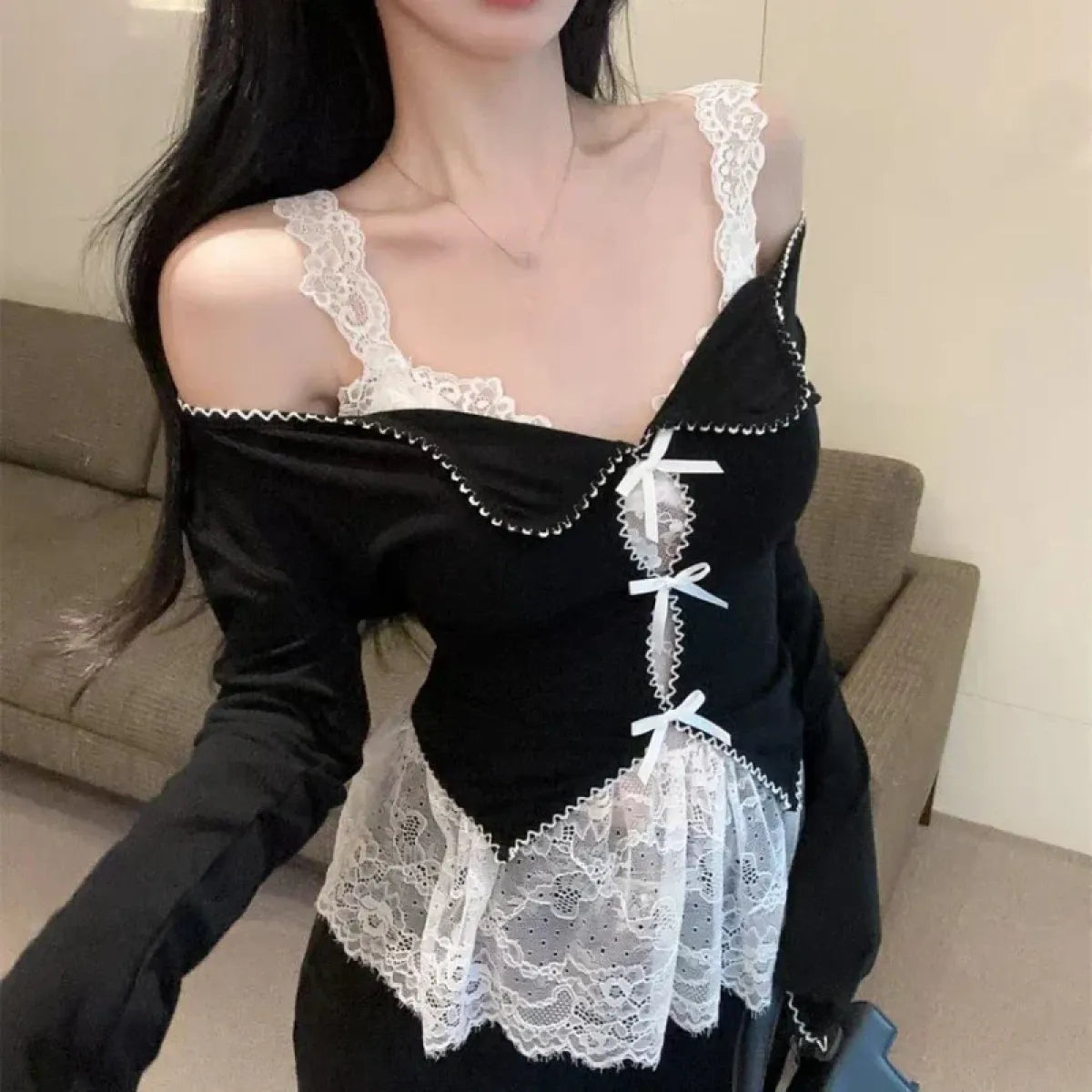Lace Trim Bow Top – Y2K Harajuku 90s Aesthetic Long Sleeve