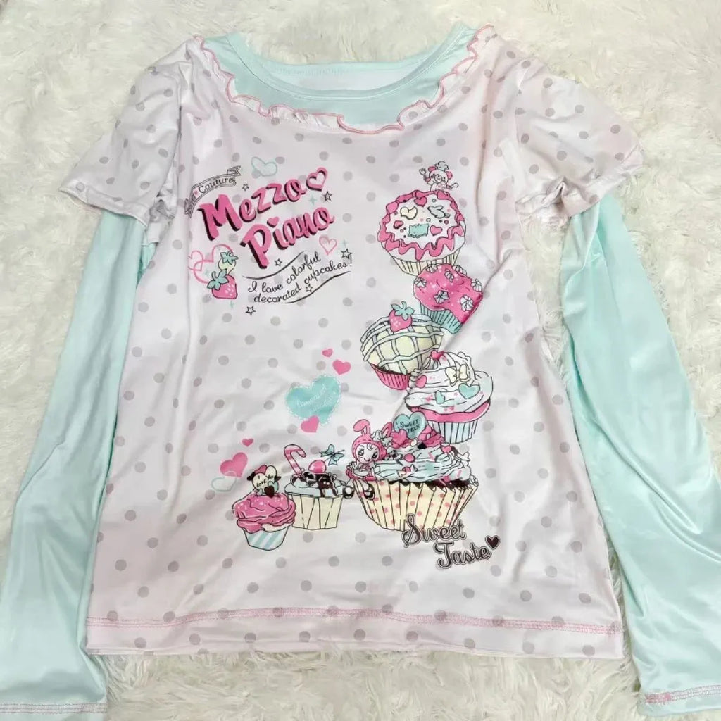 Kawaii Cupcake Print Top – Y2K Harajuku Long Sleeve Shirt